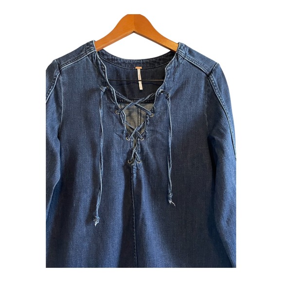 Free People Denim Tunic Size Small Neopolitan Dreams Grunge Boho Blue Indigo - Picture 4 of 5